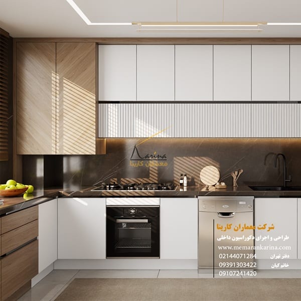 طراحی کابینت آشپزخانه یو شکل مدرن